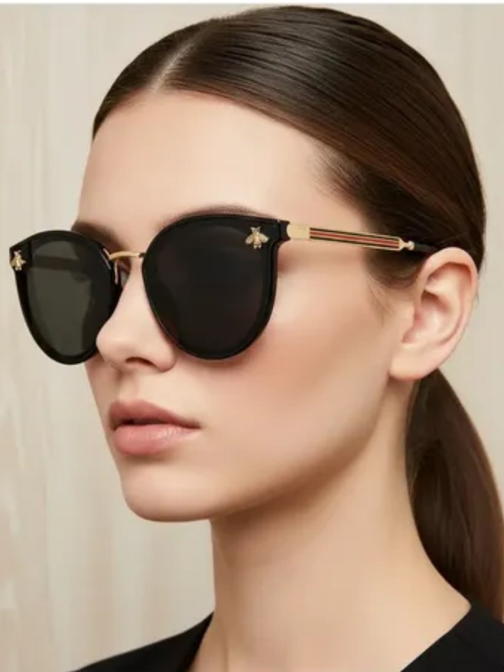 Black Cat-Eye Women's Sunglasses with Gold Bee Accent